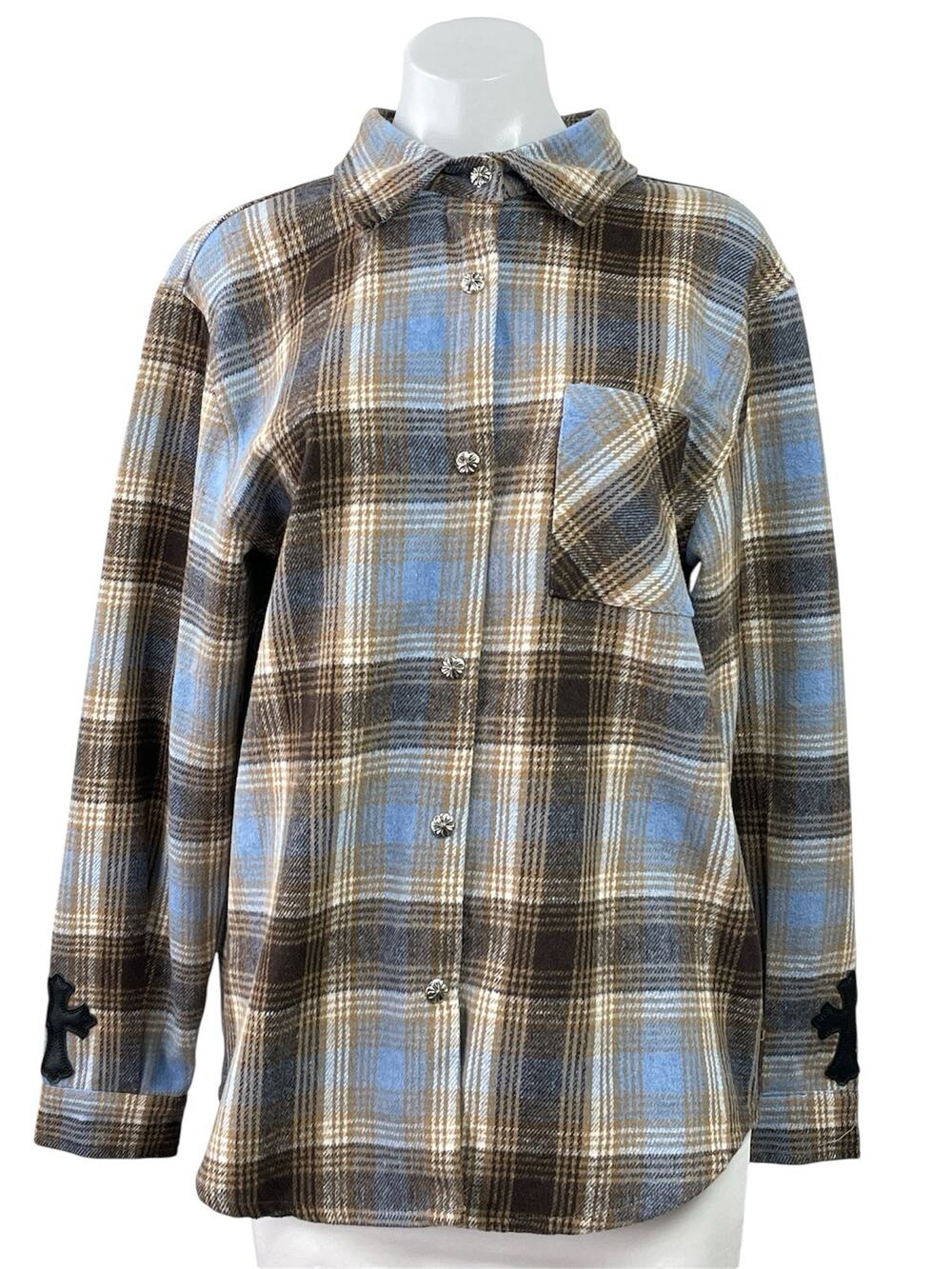 Chrome Hearts Brown Plaid Flannel Leather Cross Patch Button Down Shirt Top Sz L